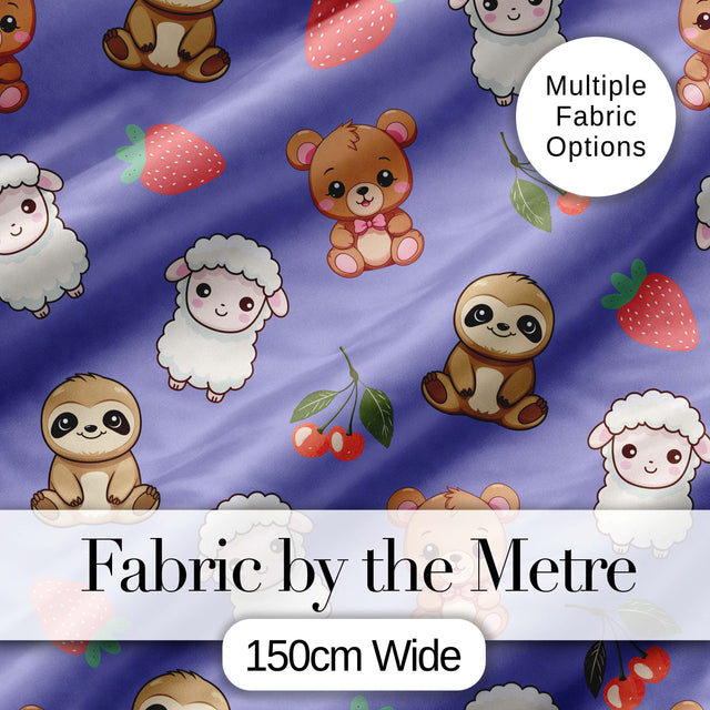 Cute Bear Sloth Lamb Cherry Strawberry Seamless Pattern on Lavender Digital Print Fabric by the Metre UK Sewing Quilting Textile
