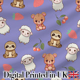 Cute Bear Sloth Lamb Cherry Strawberry Seamless Pattern on Lavender Digital Print Fabric by the Metre UK Sewing Quilting Textile