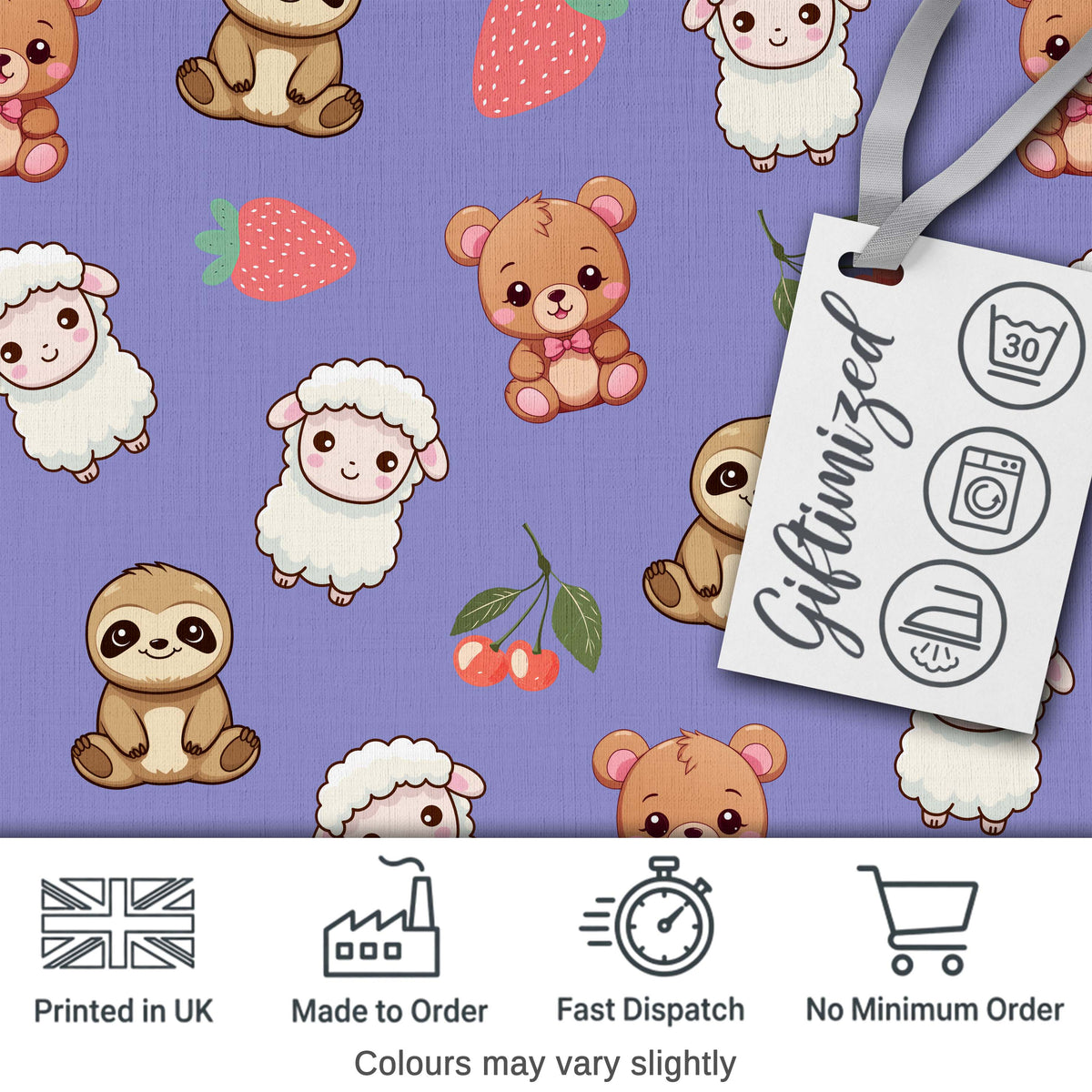 Cute Bear Sloth Lamb Cherry Strawberry Seamless Pattern on Lavender Digital Print Fabric by the Metre UK Sewing Quilting Textile