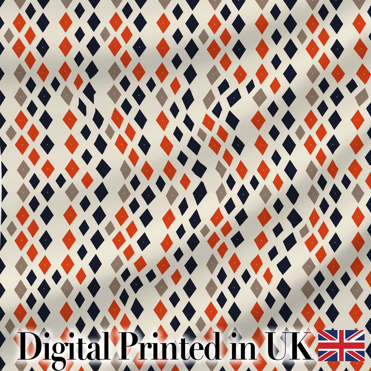 Diamond Geometric Seamless Pattern in Navy Orange Beige Digital Print Fabric by the Metre UK Sewing Quilting Textile