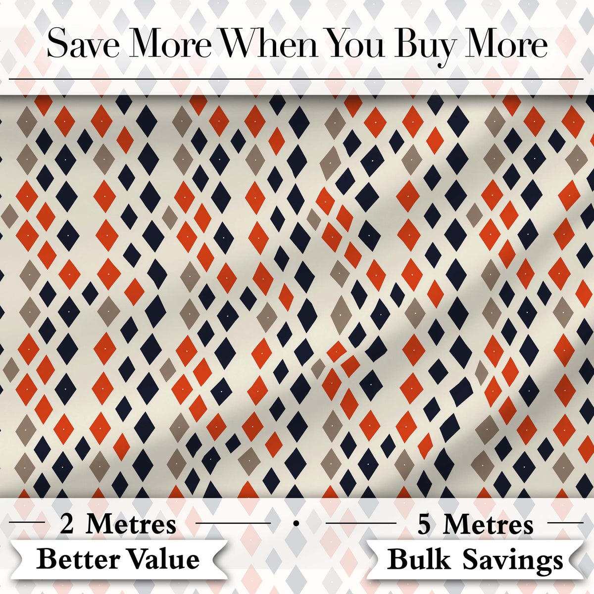 Diamond Geometric Seamless Pattern in Navy Orange Beige Digital Print Fabric by the Metre UK Sewing Quilting Textile