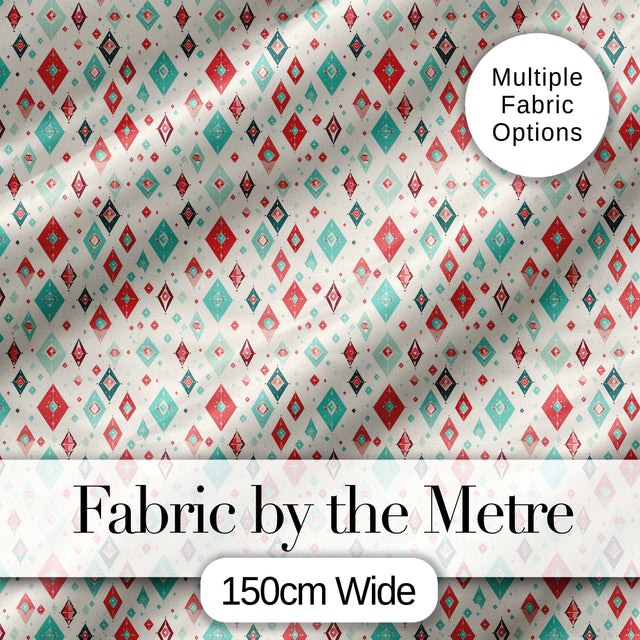Diamond Geometric Seamless Pattern in Red Teal Cream Digital Print Fabric by the Metre UK Sewing Quilting Textile