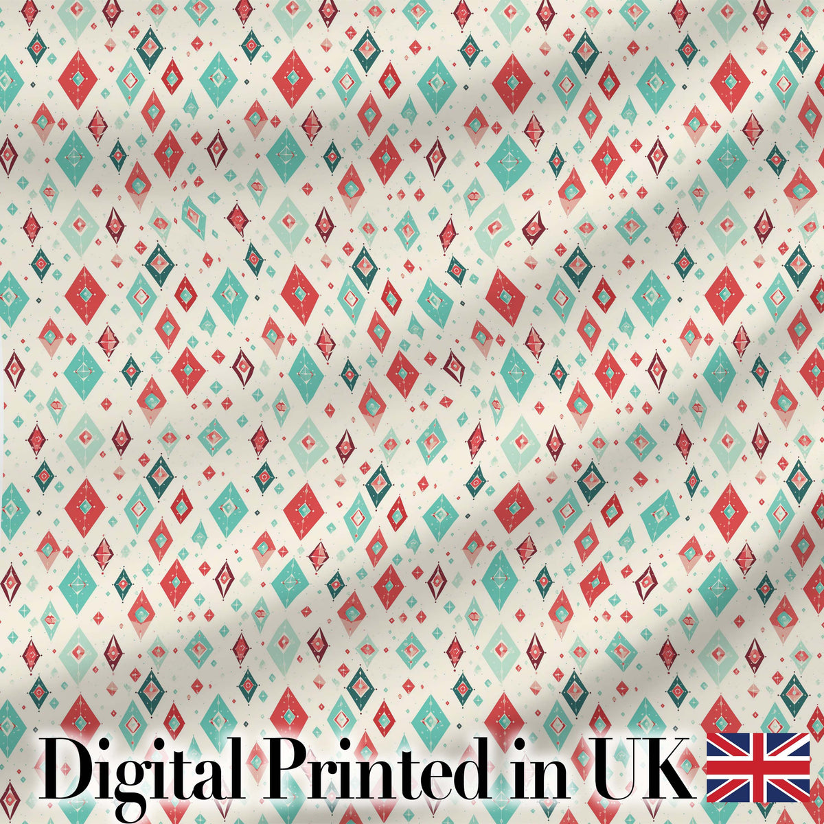 Diamond Geometric Seamless Pattern in Red Teal Cream Digital Print Fabric by the Metre UK Sewing Quilting Textile