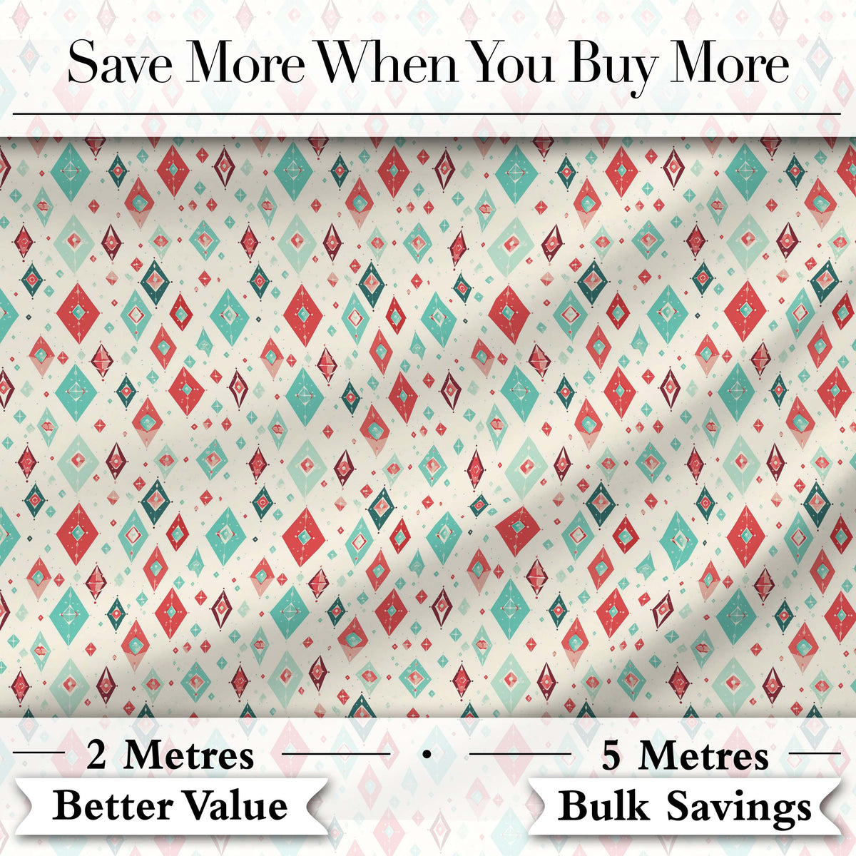 Diamond Geometric Seamless Pattern in Red Teal Cream Digital Print Fabric by the Metre UK Sewing Quilting Textile