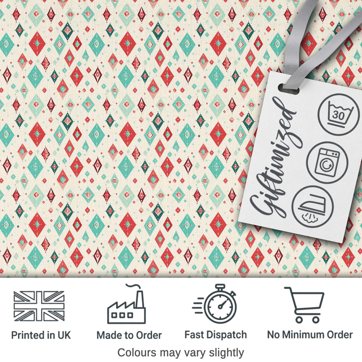 Diamond Geometric Seamless Pattern in Red Teal Cream Digital Print Fabric by the Metre UK Sewing Quilting Textile