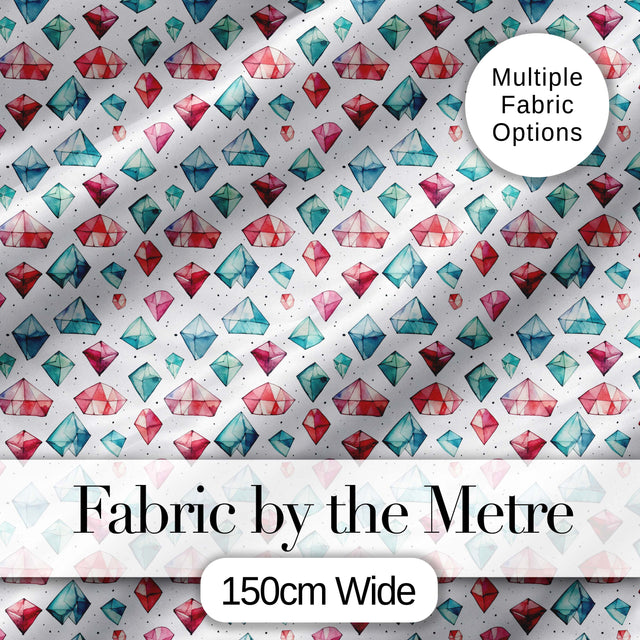 Watercolor Gem Crystal Seamless Pattern on White Digital Print Fabric by the Metre UK Sewing Quilting Textile