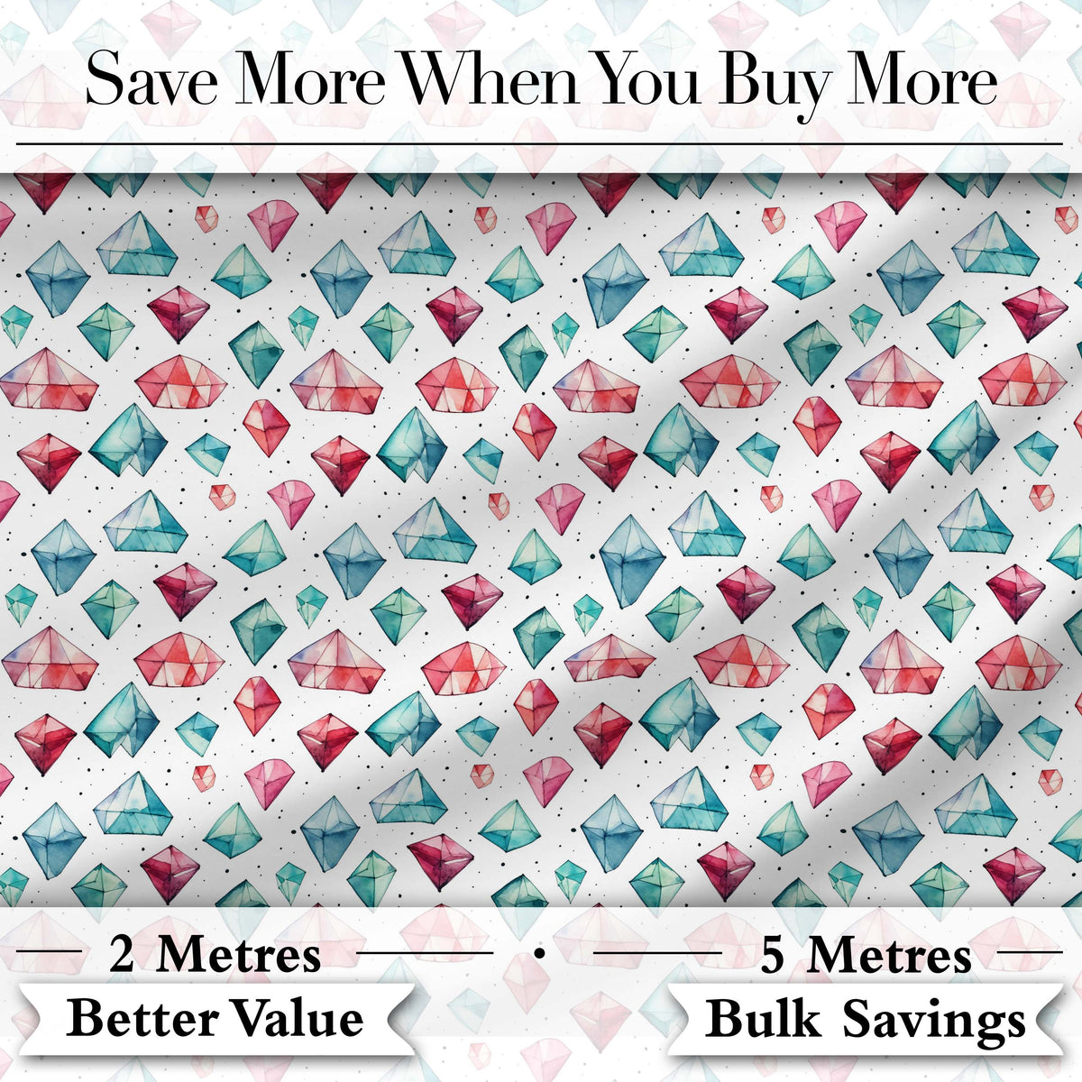 Watercolor Gem Crystal Seamless Pattern on White Digital Print Fabric by the Metre UK Sewing Quilting Textile