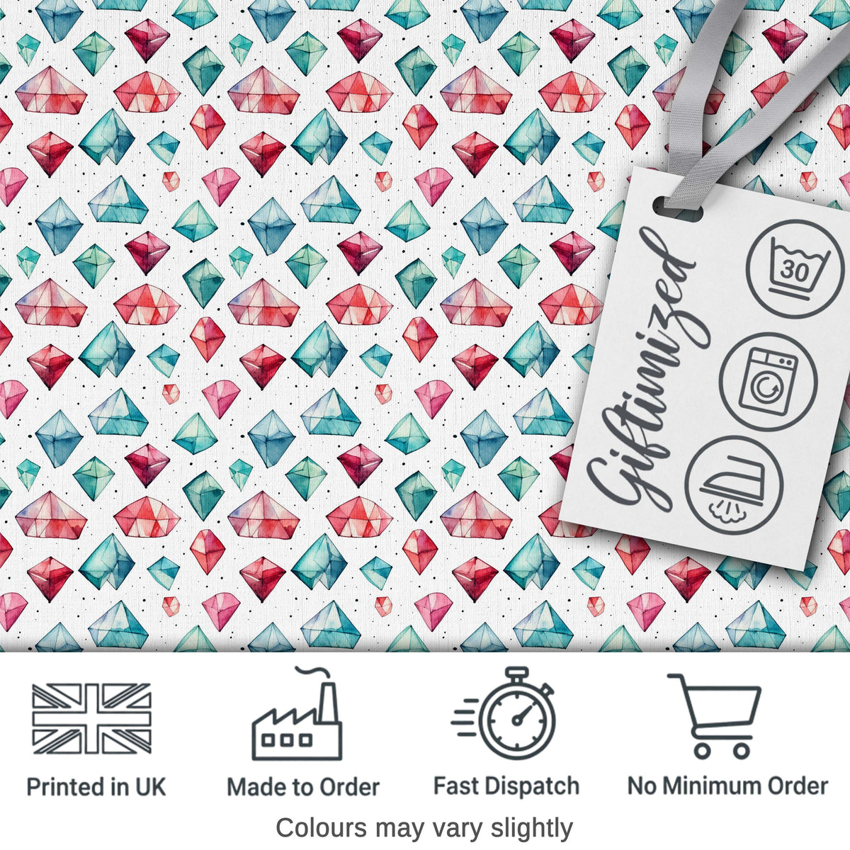 Watercolor Gem Crystal Seamless Pattern on White Digital Print Fabric by the Metre UK Sewing Quilting Textile