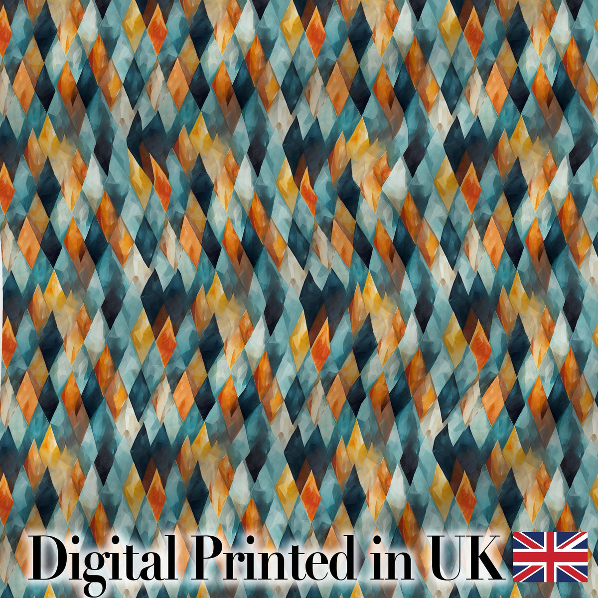 Abstract Diamond Mosaic Seamless Pattern in Teal Orange Blue Digital Print Fabric by the Metre UK Sewing Quilting Textile