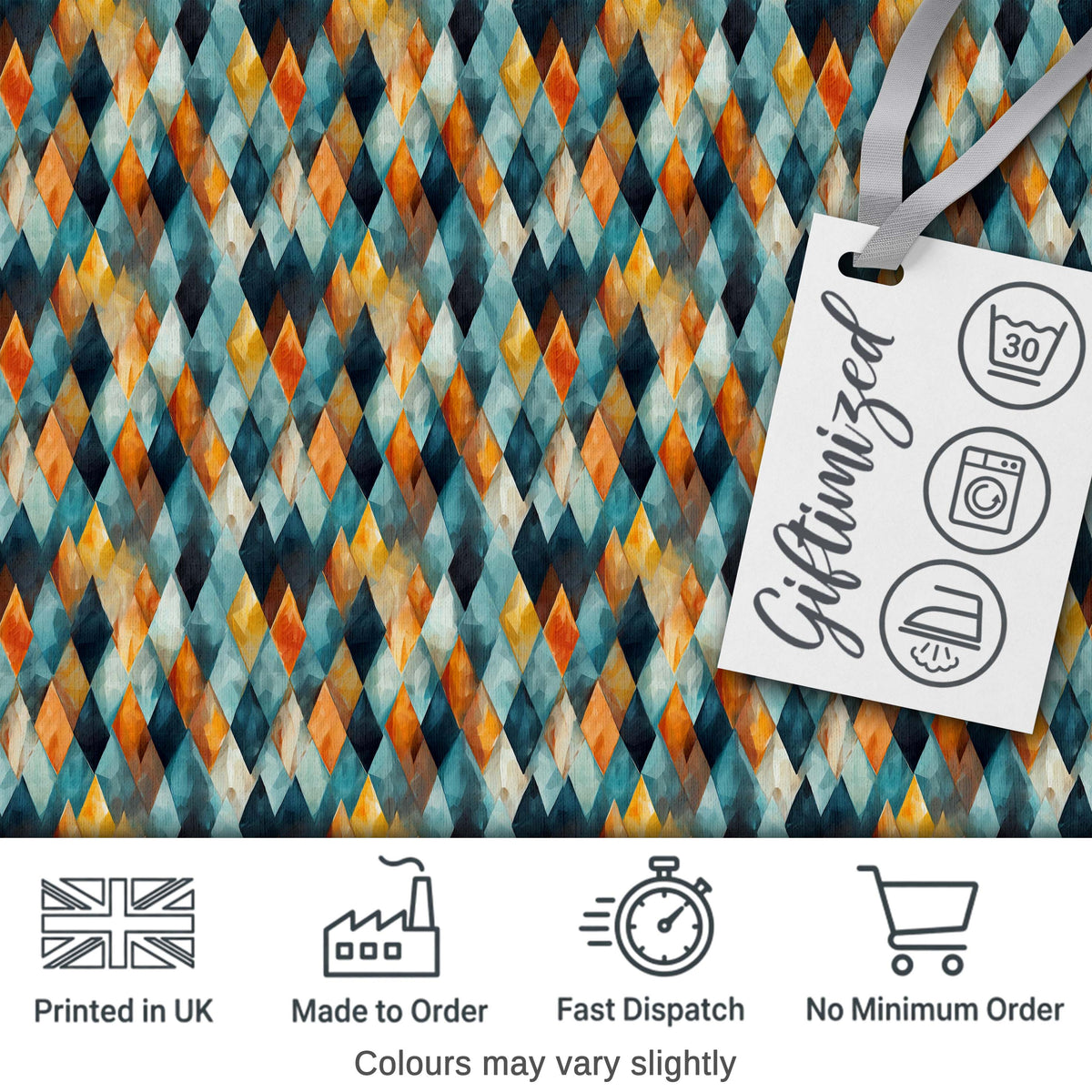 Abstract Diamond Mosaic Seamless Pattern in Teal Orange Blue Digital Print Fabric by the Metre UK Sewing Quilting Textile