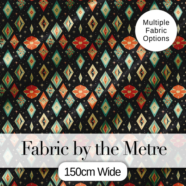 Diamond Star Seamless Pattern on Black Digital Print Fabric by the Metre UK Sewing Quilting Textile