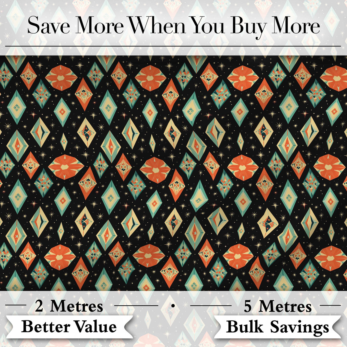 Diamond Star Seamless Pattern on Black Digital Print Fabric by the Metre UK Sewing Quilting Textile