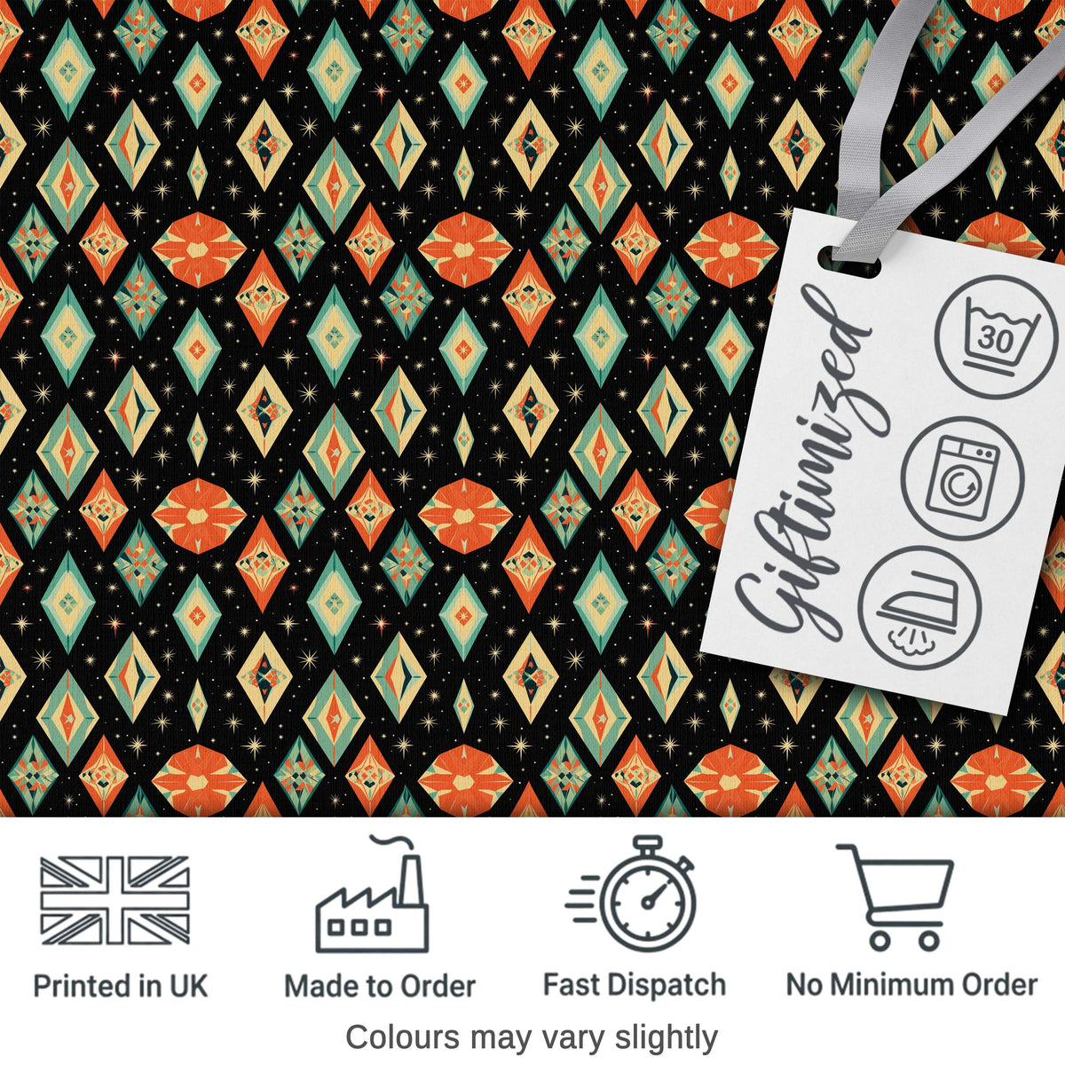 Diamond Star Seamless Pattern on Black Digital Print Fabric by the Metre UK Sewing Quilting Textile