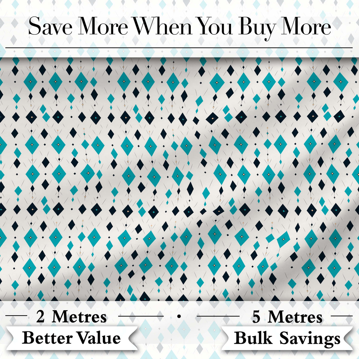 Minimal Teal Black Diamond Geometric Seamless Pattern Digital Print Fabric by the Metre UK Sewing Quilting Textile