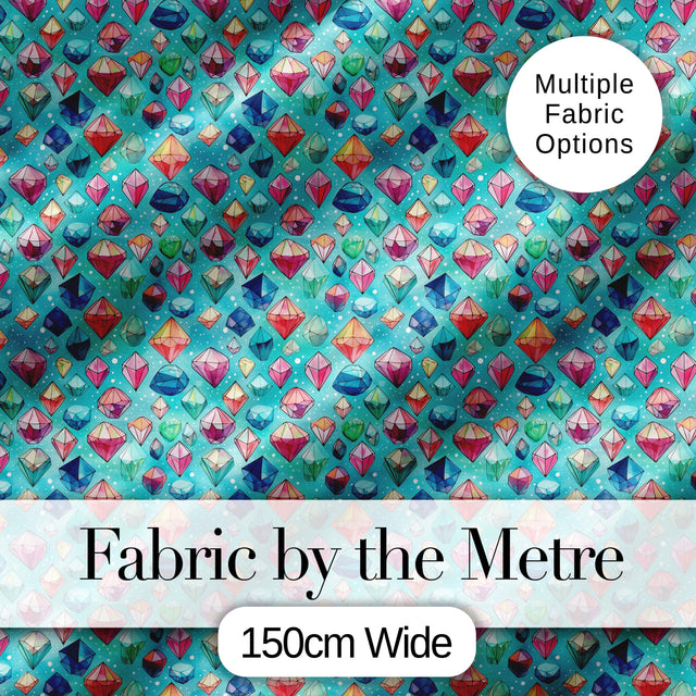 Colorful Gem Crystal Diamond Seamless Pattern on Teal Background Digital Print Fabric by the Metre UK Sewing Quilting Textile