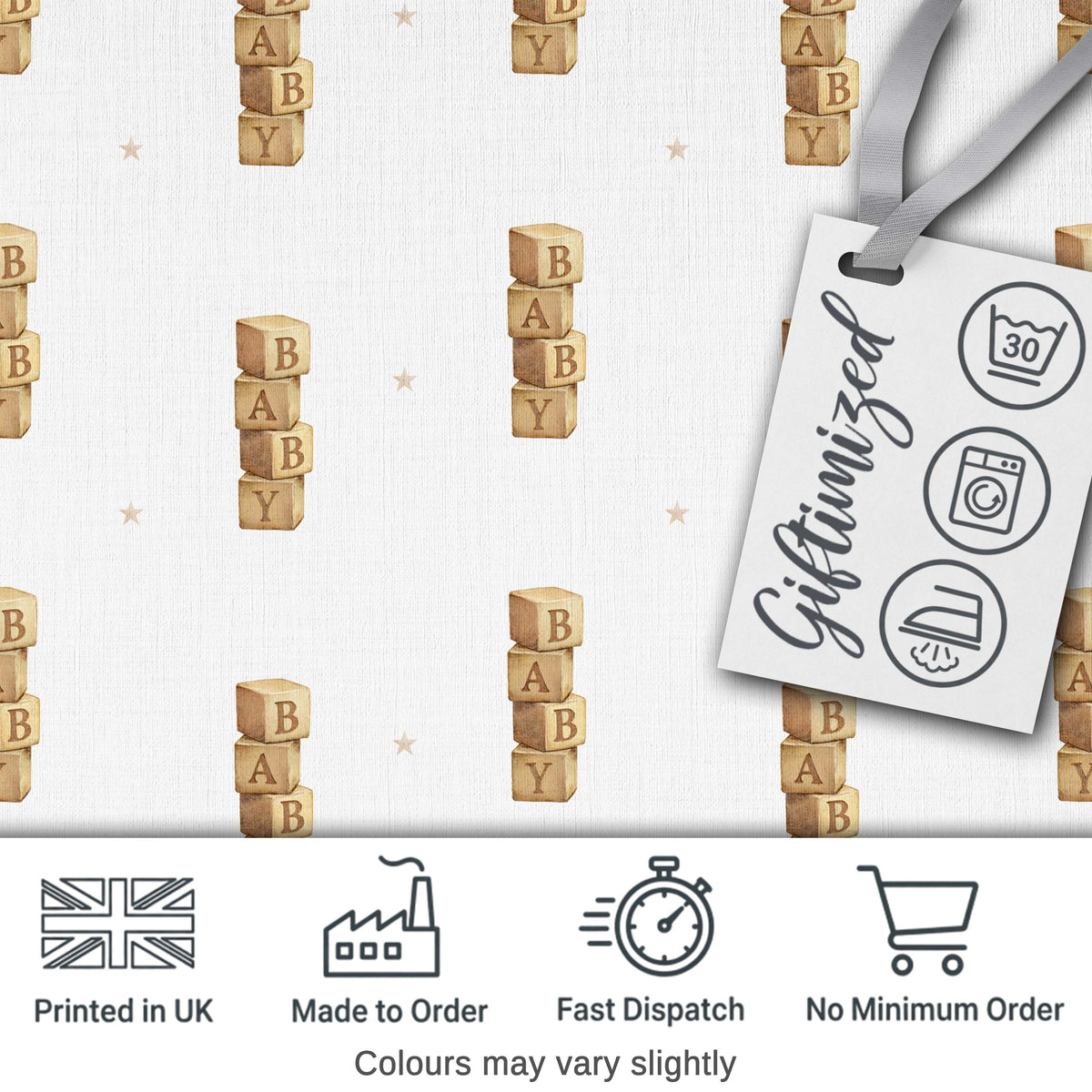 Baby Wooden Alphabet Blocks Seamless Pattern on Soft Grey Digital Print Fabric by the Metre UK Sewing Quilting Textile