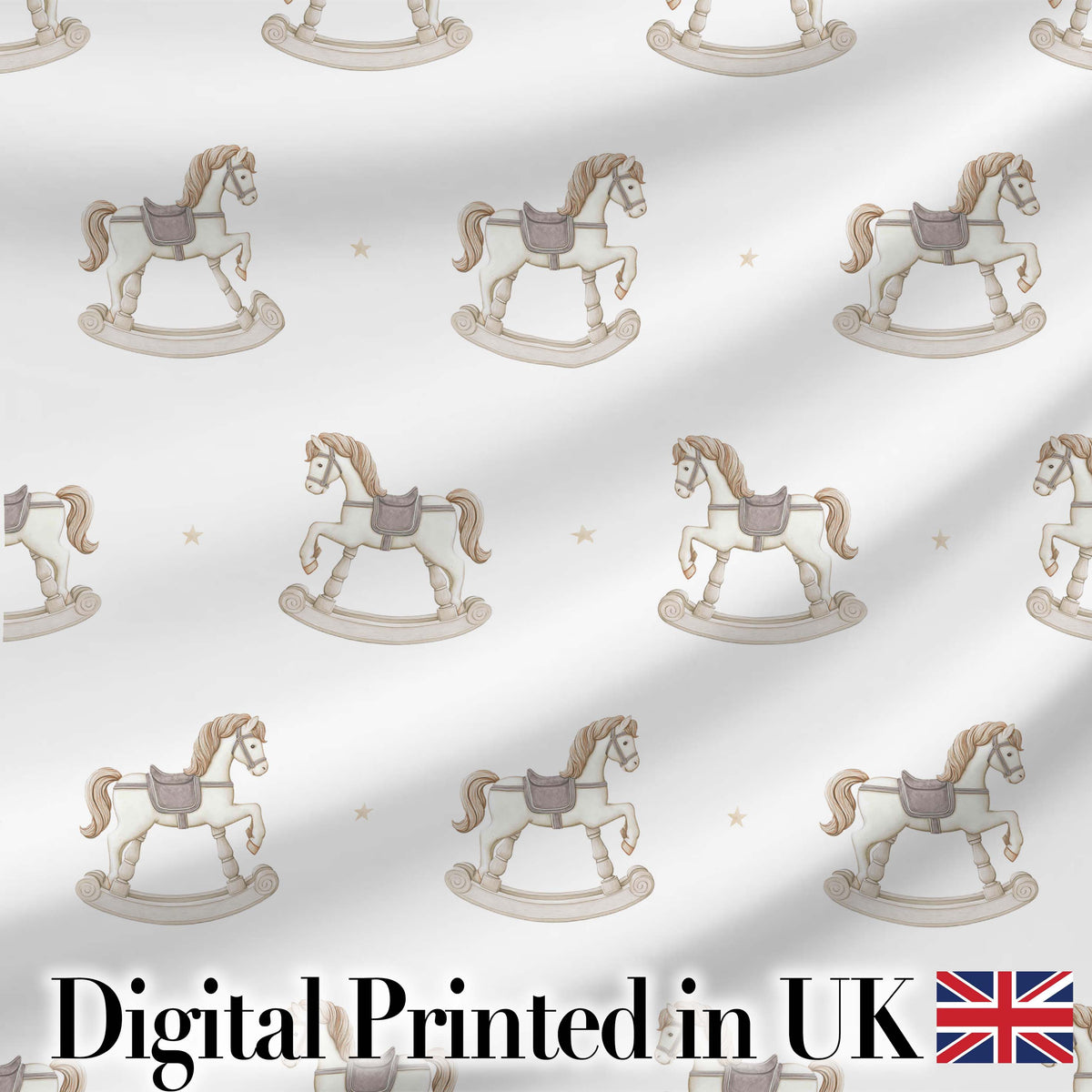 Vintage Wooden Rocking Horse Seamless Pattern on Soft Neutral Background Digital Print Fabric by the Metre UK Sewing Quilting Textile