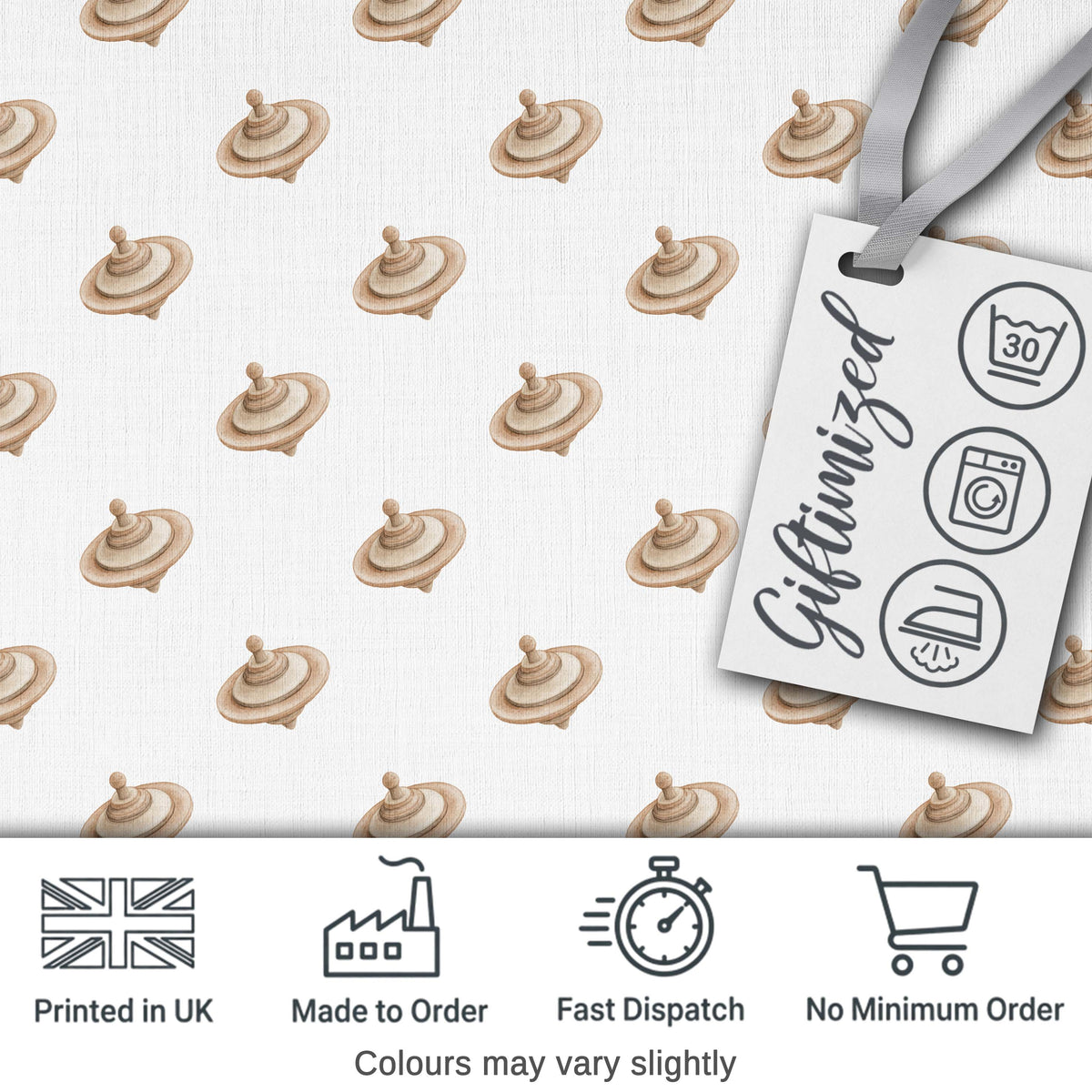 Vintage Spinning Top Toy Seamless Pattern on Soft Neutral Background Digital Print Fabric by the Metre UK Sewing Quilting Textile