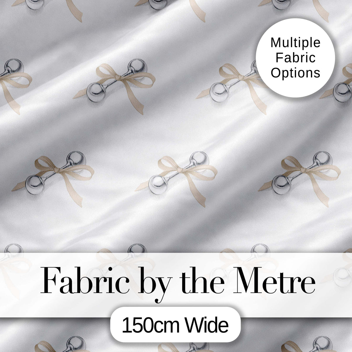 Elegant Silver Bell Ribbon Seamless Pattern on Soft White Background Digital Print Fabric by the Metre UK Sewing Quilting Textile