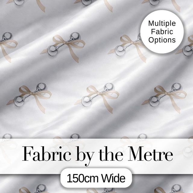 Elegant Silver Bell Ribbon Seamless Pattern on Soft White Background Digital Print Fabric by the Metre UK Sewing Quilting Textile