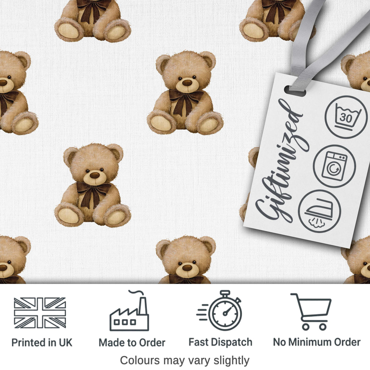 Cute Teddy Bear Plush Toy Seamless Pattern on Soft Grey Background Digital Print Fabric by the Metre UK Sewing Quilting Textile