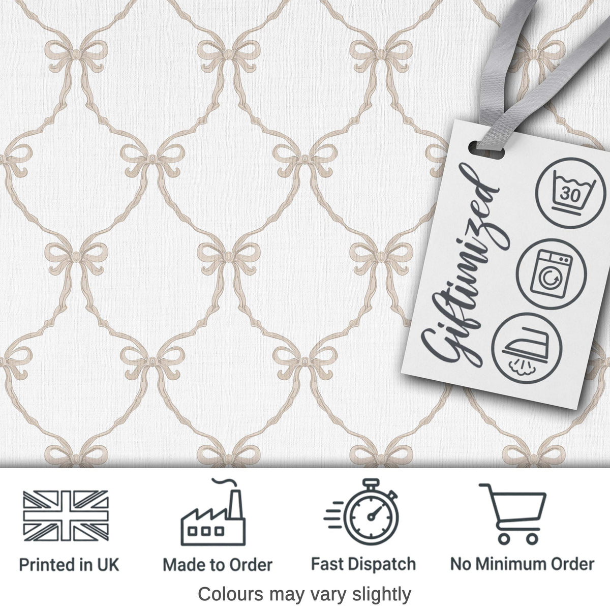 Elegant Ribbon Bow Lattice Seamless Pattern on Soft Neutral Background Digital Print Fabric by the Metre UK Sewing Quilting Textile