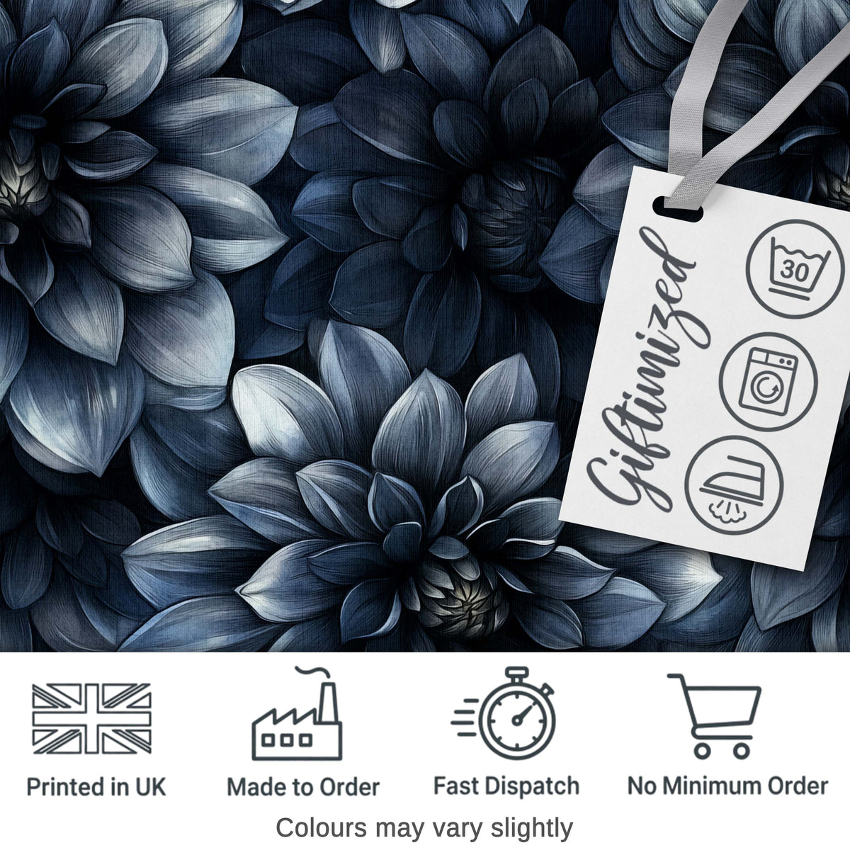 Monochrome Dark Blue Floral Seamless Pattern Elegant Botanical Design Digital Print Fabric by the Metre UK Sewing Quilting Textile