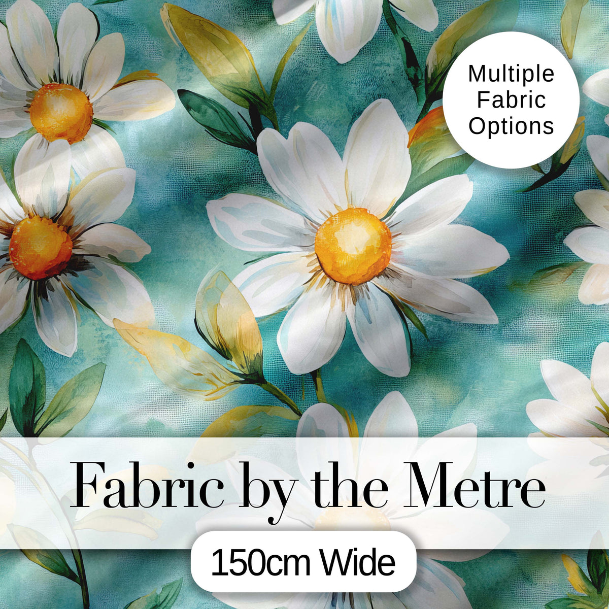 Watercolor White Daisy Floral Seamless Pattern on Teal Background Digital Print Fabric by the Metre UK Sewing Quilting Textile