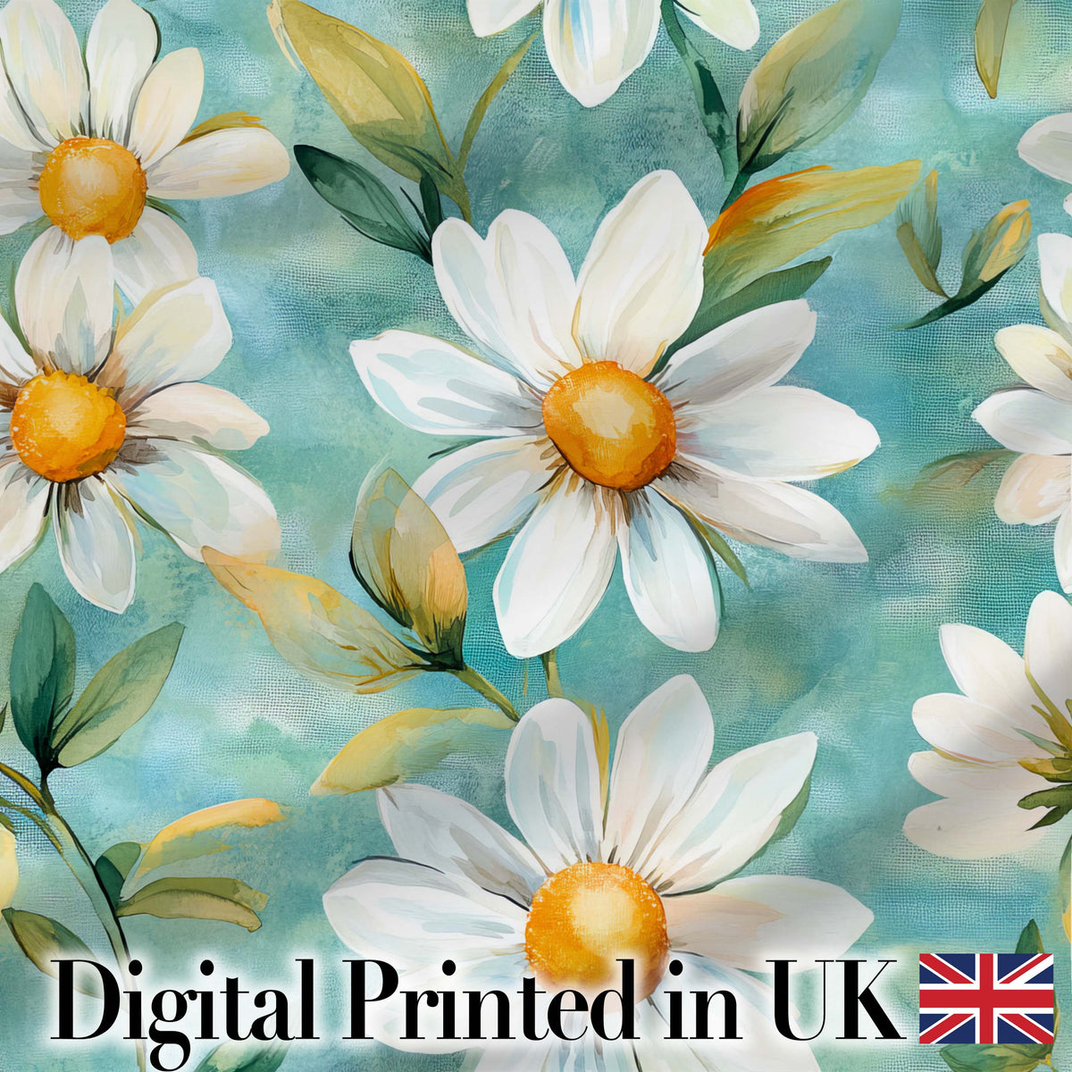 Watercolor White Daisy Floral Seamless Pattern on Teal Background Digital Print Fabric by the Metre UK Sewing Quilting Textile