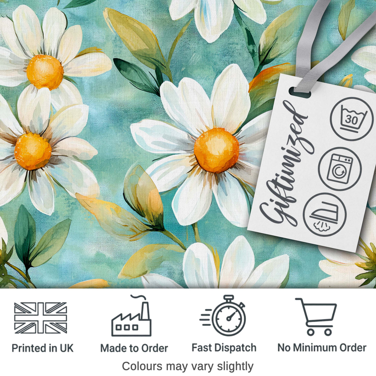 Watercolor White Daisy Floral Seamless Pattern on Teal Background Digital Print Fabric by the Metre UK Sewing Quilting Textile