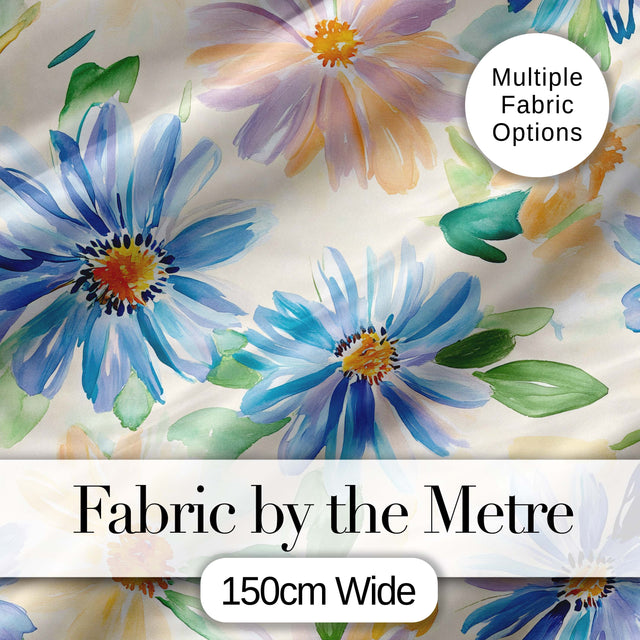 Watercolor Blue Floral Botanical Seamless Pattern on Cream Background Digital Print Fabric by the Metre UK Sewing Quilting Textile