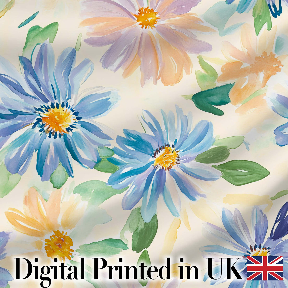 Watercolor Blue Floral Botanical Seamless Pattern on Cream Background Digital Print Fabric by the Metre UK Sewing Quilting Textile