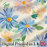 Watercolor Blue Floral Botanical Seamless Pattern on Cream Background Digital Print Fabric by the Metre UK Sewing Quilting Textile