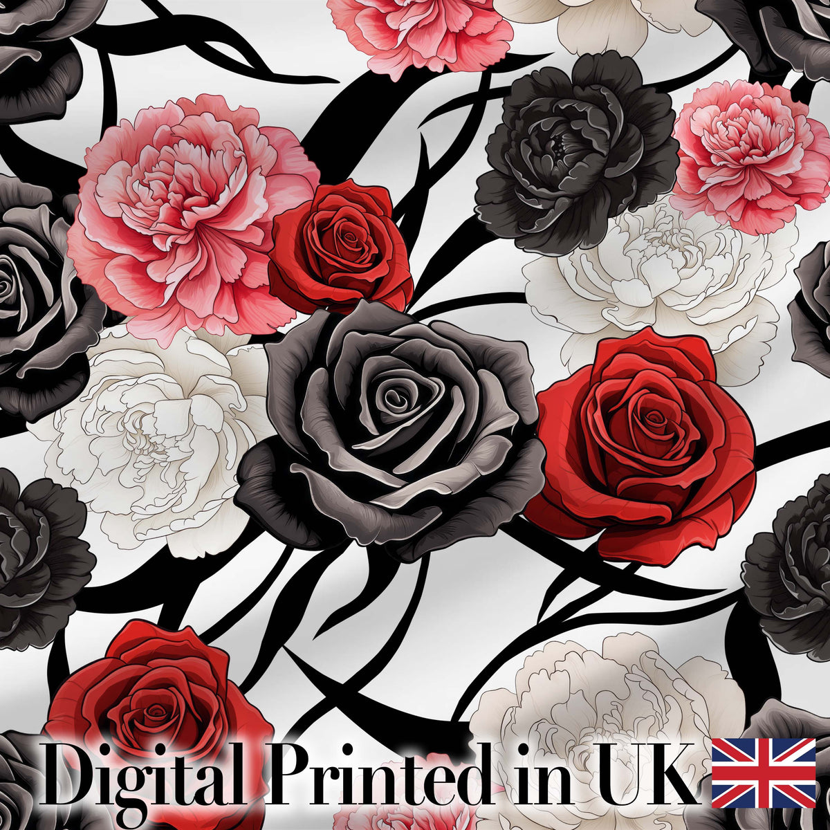 Elegant Rose Floral Seamless Pattern in Red Black and White Digital Print Fabric by the Metre UK Sewing Quilting Textile
