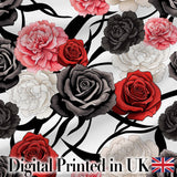 Elegant Rose Floral Seamless Pattern in Red Black and White Digital Print Fabric by the Metre UK Sewing Quilting Textile