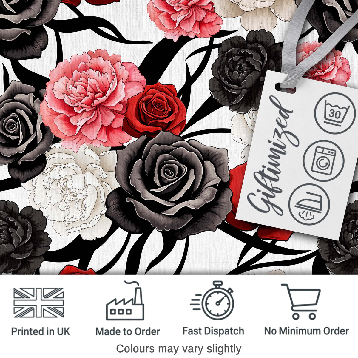 Elegant Rose Floral Seamless Pattern in Red Black and White Digital Print Fabric by the Metre UK Sewing Quilting Textile
