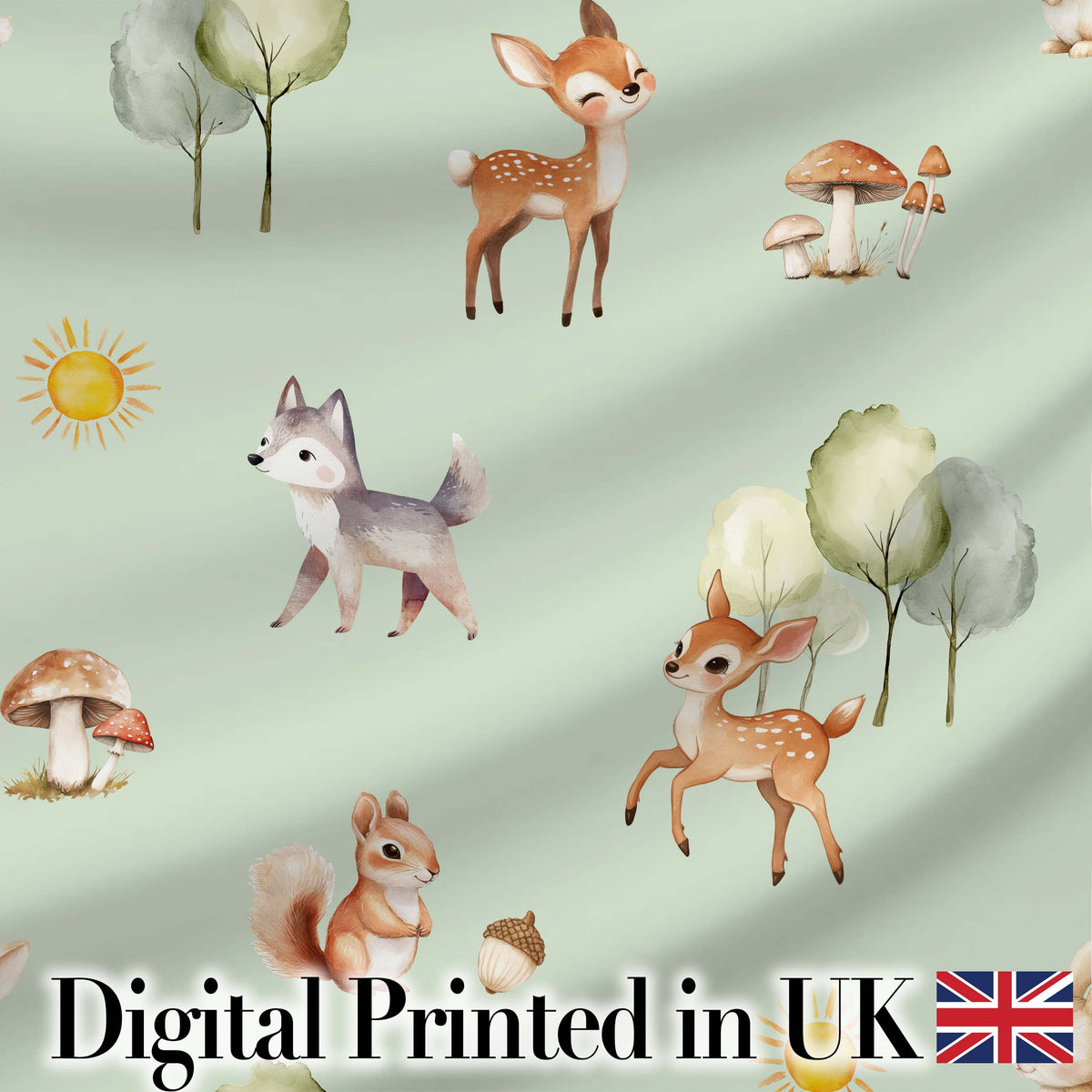 Cute Woodland Deer Fox Mushroom Seamless Pattern on Sage Green Background Digital Print Fabric by the Metre UK Sewing Quilting Textile