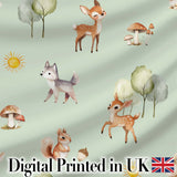 Cute Woodland Deer Fox Mushroom Seamless Pattern on Sage Green Background Digital Print Fabric by the Metre UK Sewing Quilting Textile