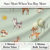 Cute Woodland Deer Fox Mushroom Seamless Pattern on Sage Green Background Digital Print Fabric by the Metre UK Sewing Quilting Textile