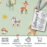 Cute Woodland Deer Fox Mushroom Seamless Pattern on Sage Green Background Digital Print Fabric by the Metre UK Sewing Quilting Textile