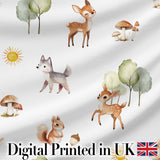 Cute Woodland Forest Animals Bear Bunny Deer Seamless  on Blue Background Digital Print Fabric by the Metre UK Sewing Quilting Textile