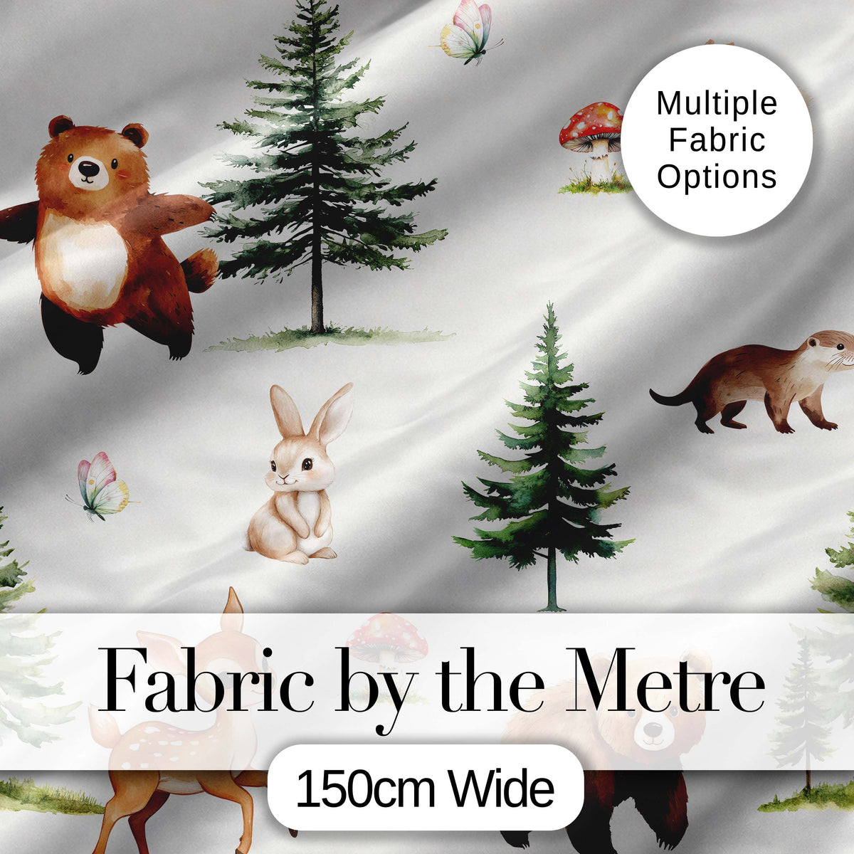 Cute Woodland Forest Animals Bear Bunny Deer   on Soft Neutral Background Digital Print Fabric by the Metre UK Sewing Quilting Textile