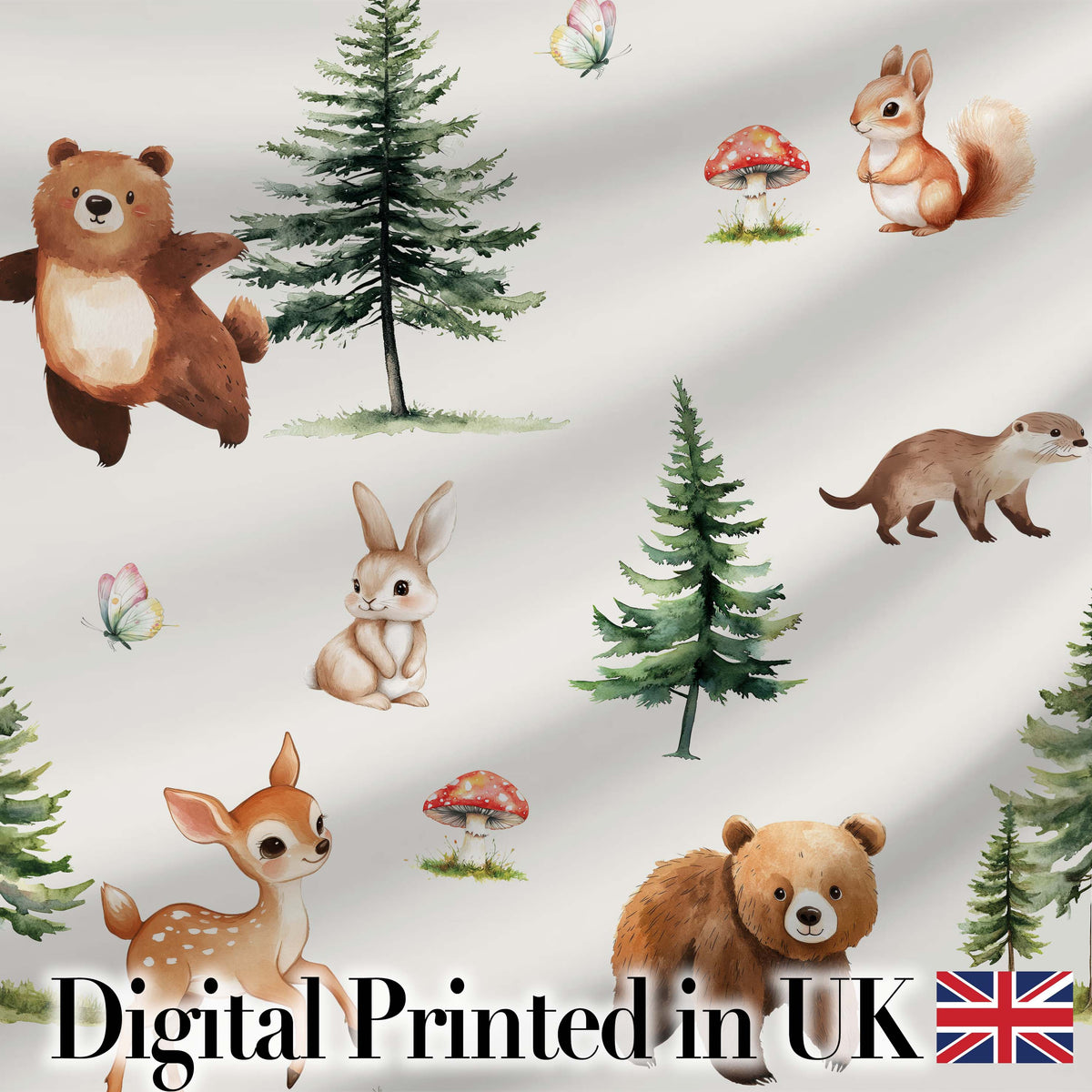 Cute Woodland Forest Animals Bear Bunny Deer   on Soft Neutral Background Digital Print Fabric by the Metre UK Sewing Quilting Textile