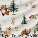 Cute Woodland Forest Animals Bear Bunny Deer   on Soft Neutral Background Digital Print Fabric by the Metre UK Sewing Quilting Textile