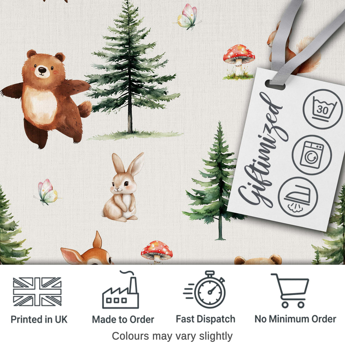 Cute Woodland Forest Animals Bear Bunny Deer   on Soft Neutral Background Digital Print Fabric by the Metre UK Sewing Quilting Textile