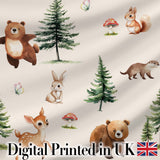 Cute Woodland Forest Animals Bear Bunny Deer   on Sage Green Background Digital Print Fabric by the Metre UK Sewing Quilting Textile