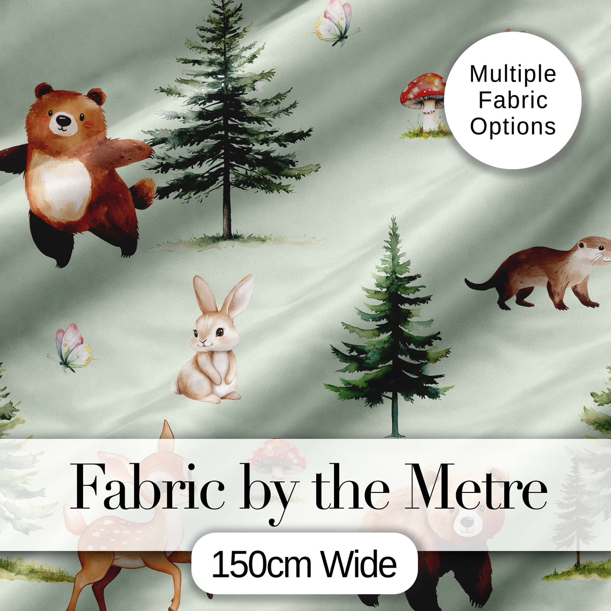 Cute Woodland Forest Animals Bear Bunny Deer   on Warm Beige Background Digital Print Fabric by the Metre UK Sewing Quilting Textile