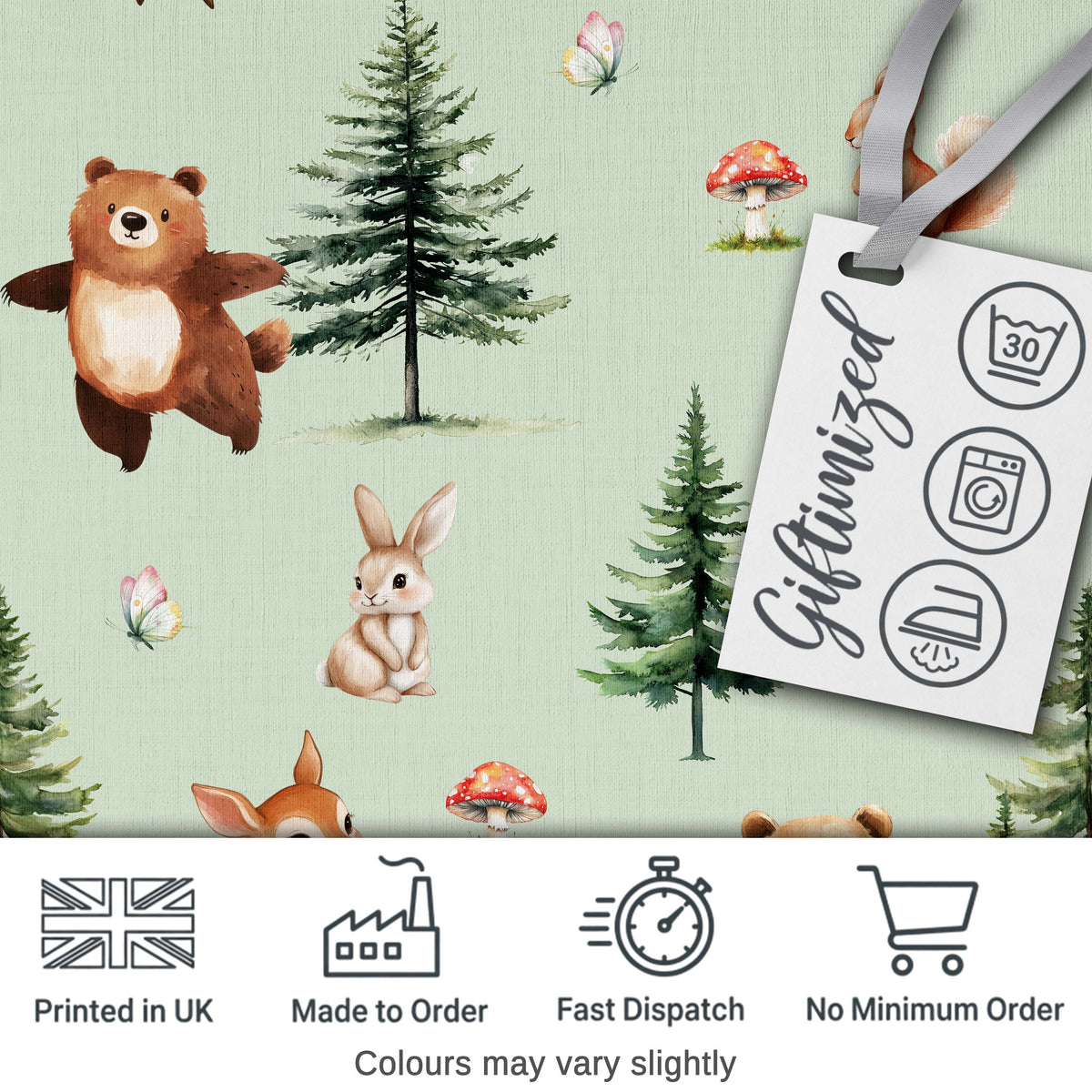 Cute Woodland Forest Animals Bear Bunny Deer   on Warm Beige Background Digital Print Fabric by the Metre UK Sewing Quilting Textile