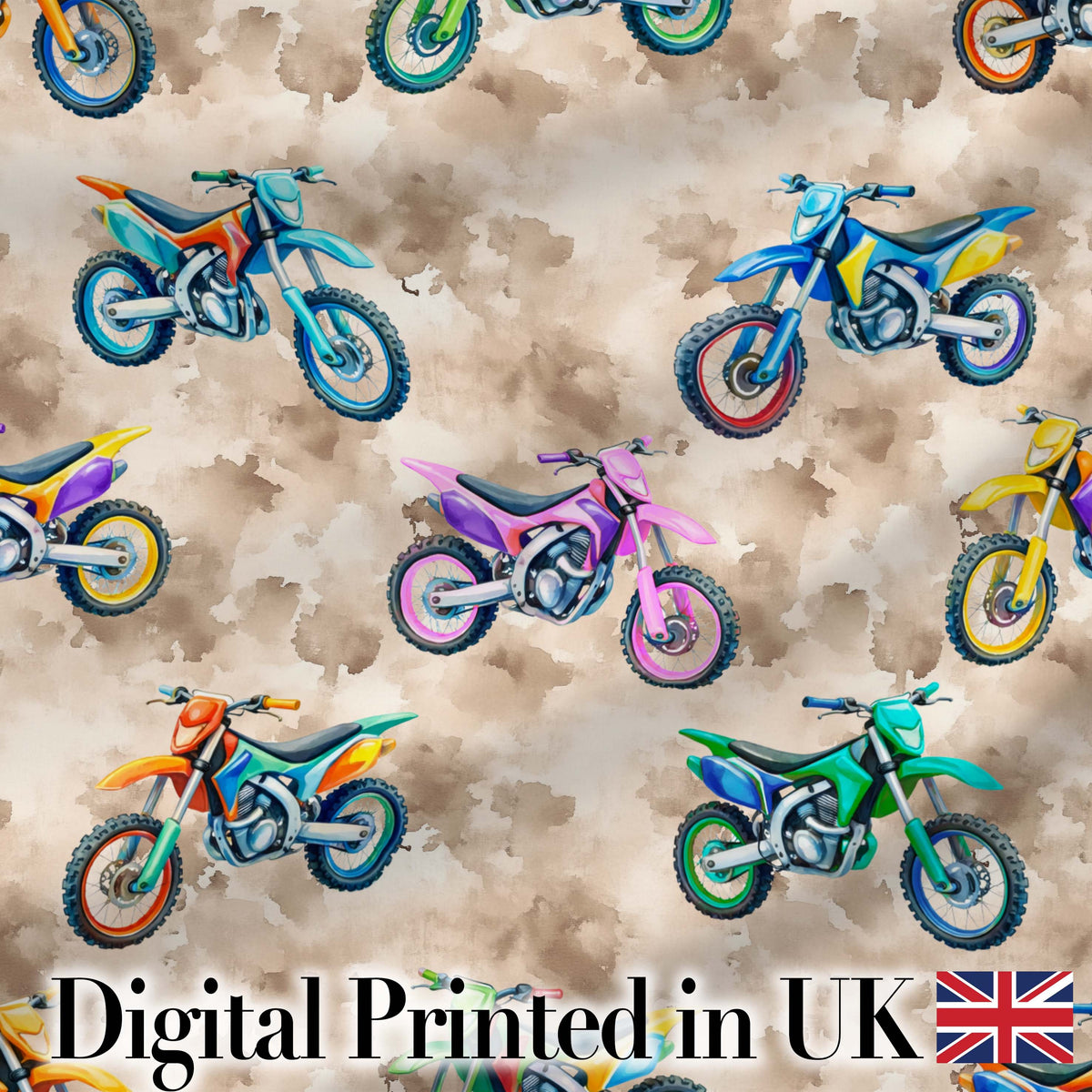 Colorful Kids Dirt Bike Motocross Seamless Pattern on Beige Background Digital Print Fabric by the Metre UK Sewing Quilting Textile