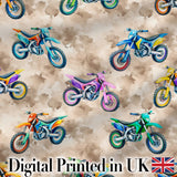 Colorful Kids Dirt Bike Motocross Seamless Pattern on Beige Background Digital Print Fabric by the Metre UK Sewing Quilting Textile